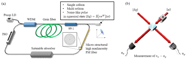 (a) FB-NCSPL 시스템의 설계도 (b) FB-NCSPL에서 발진하는 광원의 조임률을 측정하기 위한 균형 측정 시스템