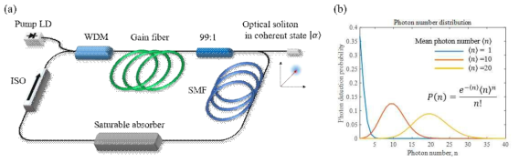 (a) 결맞음 상태의 단일 솔리톤 광 펄스 생성 장치, (b) 결맞음 상태에서의 광자 개수 분포(푸아송 분포) (WDM: Wavelength Division Multiplexer, ISO: Optical Isolator. SMF: Single Mode Fiber)