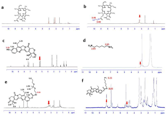 1H NMR of PheoA (a), PheoA-NH2 (b), SN38 (c), Hexamethylenediamine (d), SN38-thioketal linker-NH2 (e), and SN38-hexametylene-NH2