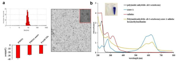 Characterization of PASH NPs; a. particle size and surface charge analysis by DLS and TEM image of NPs. Insert images showed magnification micelle (scale bar 10nm); (b) Absorption spectra of PMOA, azure A, sulindac, and PASH