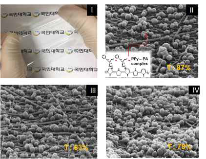 (I) Photograph of a film sensor sample and surface SEM images of the film sensor comprising a PPy–PA NP/Ag NW–SWCNT hybrid-network-embedded PDMS: (II) 1, (III) 2, and (IV) 3 wt% PPy–PA composite NP coated on a 30 Ω/sq Ag NW–SWCNT hybrid network electrode layer