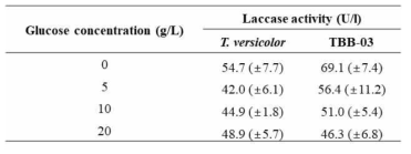 선별 균주 중 Basidiomycota 한 종 (TB-03)에 대한 산화효소 생산 비교