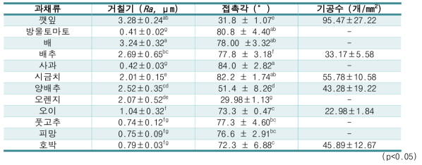 과채류의 거칠기, 소수성 및 기공수 비교