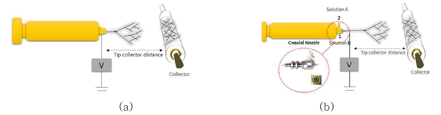 (a) Single nozzle 및 (b) coaxial nozzle을 이용한 전기방사 장치 설계