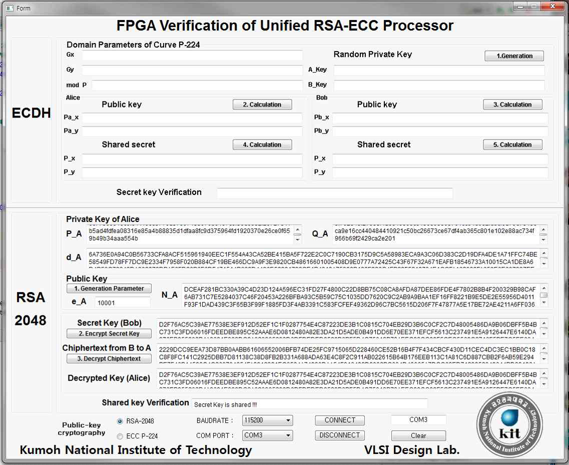 ECC-RSA 통합 공개키 암호 코어 IP의 FPGA 검증 결과 (RSA-2048 공개키 암호의 키 교환 동작)