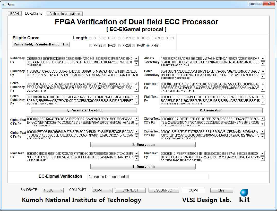 다중 키 길이를 지원하는 dual field ECC 공개키 암호 코어의 FPGA 검증 결과 (P-521 타원곡선 상의 EC-ElGamal 동작)