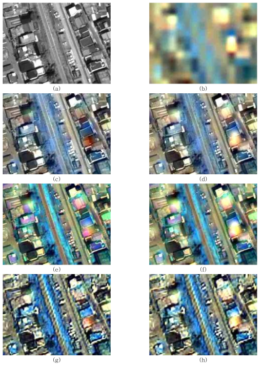 연구지역 1의 융합 결과. (a) 원 고해상도 흑백영상, (b) 원 SWIR 영상, (c) 기존 방법(GSA), (d) 기존 방법(GS2), (e) 제안 방법(selected band scheme 기반 GSA), (f) 제안 방법(selected band scheme 기반 GS2), (g) 제안 방법(synthesized band scheme 기반 GS2), (h) 제안 방법(synthesized band scheme 기반 GS2)