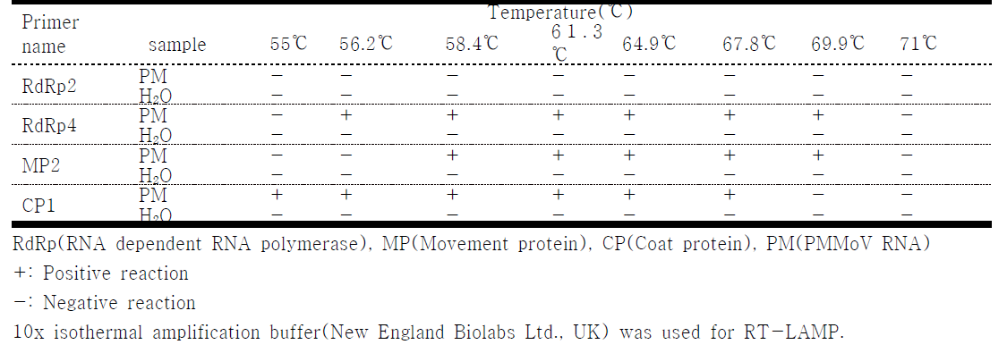 2nd screening of RT-LAMP primer sets at various reaction temperatures