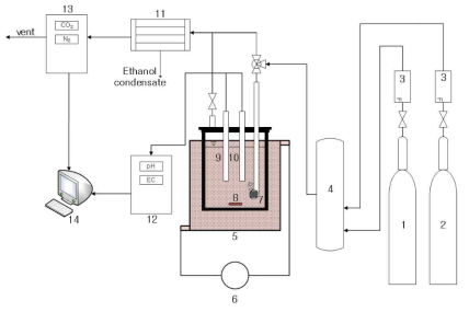 Experimental schematic diagram for carbonation of 3g NaOH-dissolved ethanol aqueous solution: (1) N2 cylinder, (2) CO2 cylinder, (3) mass flow controller (MFC), (4) gas mixer, (5) Pyrex reactor, (6) water bath, (7) sparger, (8) magnetic stirrer, (9) pH sensor, (10) EC sensor, (11) condenser, (12) pH/EC meter, (13) gas analyzer, (14) computer for data acquisition