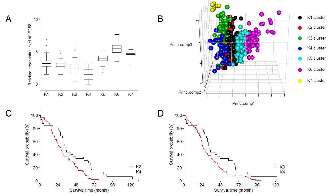 TCGA 전립선암 데이터로부터 E2F8의 발현 분석 및 환자 생존율. 7개 cluster별 E2F8의 발현 정도(A) 및 PCA 분석을 통한 3차원 cluster 위치(B). E2F8 발현에 따른 전립선암환자의 생존 분석. K2 vs K4(C) K3 vs K4(D)