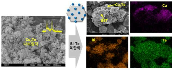 Cu2Te 나노입자의 SEM 이미지와 Bi-Te계 열전소재 복합 구조