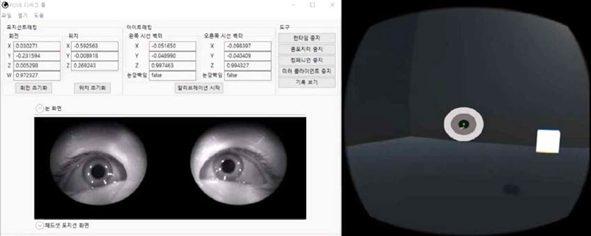 눈모음 시작전 과녁을 바라보고 있는 모습 (녹색과 분혹색 공은 오른 눈 왼눈의 시선을 표시해주고 있음.)