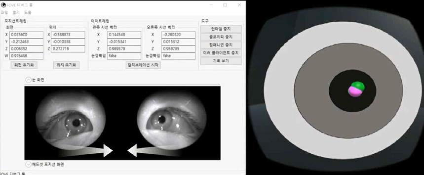 과녁이 다가오면서 눈모음이 유발되고 과녁 중앙에 양눈의 시선이 3초 이상 유지하면 녹색공과 분홍색 공이 폭발하게된다