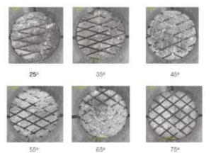 Cross-hatch grooved 사잇각도별 마찰시험후의 시험편 (미끄럼방향은 상향방향↑)