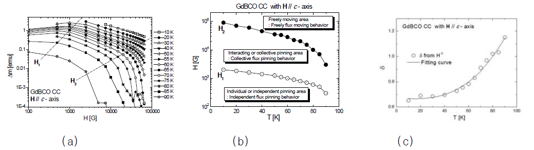GdBCO 박막선재의 특성자기장 및 자속고정 지시 물리량 특성그래프