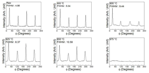 GdBCO 박막선재의 열처리 온도에 따른 XRD Φ scans