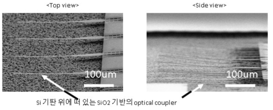 반도체 공정을 이용해 1um 두께의 SiO2 film 위에 제작된 optical coupler의 전자현미경 사진