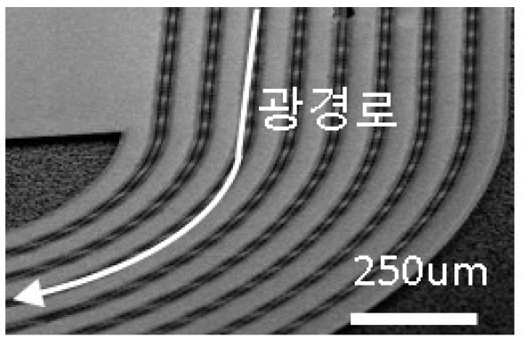 반도체 공정을 이용해 4um 두께의 SiO2 film 위에 제작된 race track type resonator의 전자 현미경 사진