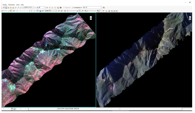 지리산 아고산지대 초분광영상. 왼쪽: 비생장기(2017년 10월 21일)에 AISA Eagle로 촬영, 오른쪽: 생장기(2018년 9월 18일)에 CASI-1500으로 촬영