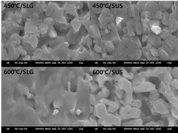 기판 종류 및 온도에 따른 CIS박막의 SEM 이미지