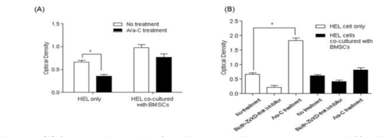 (A) Cytotoxic effects of Ara-C on HEL cells and HEL cells co-cultured with BMSCs. HEL cells and HEL cells co-cultured with BMSCs were treated with 1x106M Ara-C for48h. Cytotoxic effects of Ara-C was examined using CCK-8. The data is represented graphically as measurement of optical density. The data are represented as mean+/-SEM (n=3 independent experiments). (B) BMSCs inhibit Ara-C mediated apoptosis of HEL cells. To examine whether BMSCs inhibited Ara-C induced apoptosis, Caspase-3 activity was examined in HEL cell only and HELcells co-cultured with BMSCs after treating 10-6M Ara-C for 24h, respectively. The data are represented as mean+/-SEM (n=3 independent experiments). *indicatesstatisticallysignificant