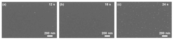 증착 시간이 (a) 12 s, (b) 18 s, (c) 24 s 인 MoSe2 막박 표면의 SEM 이미지