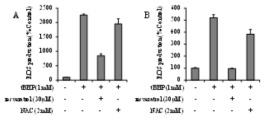 HepG2(A)와 HaCaT(B) 세포에서 플라보노이드 resveratrol의 ROS 소거 효능