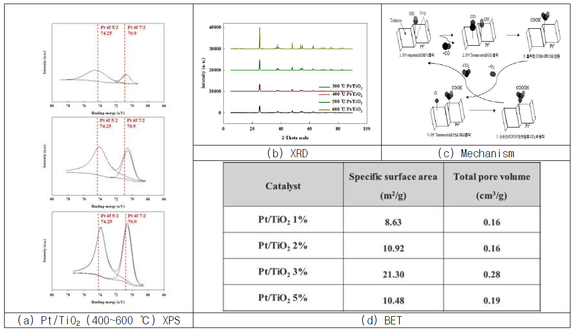 Pt/TiO2 촉매의 다양한 물리화학적 특성 분석 결과