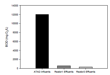 ATAD 유입수, ATAD 유출수(reactor 1), ATAD & 질소제거조(reactor 3) 유출수의 BOD