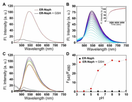 ER-Naph reactivity to GSH in various conditions. (A) Emission spectrum changes of ER-Naph by GSH treatment. (B) Time-dependent fluorescence spectral changes. Inset: Normalized fluorescence intensity response at 545 nm. (C) Fluorescence spectra of ER-Naph in the presence of various thiols . (D) The fluorescence response of ER-Naph with GSH as a function of pH. [ER-Naph] = 1.0 μM, [GSH] = 5.0 mM, excitation at 436 nm. All fluorescence changes were measured after 3 hr of analyte addition in 1XPBS buffer (pH 7.4)