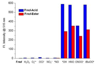 Comparison of fluorescence intensity of Fred -Acid and Fred -Ester in various ROS conditions: H2O2(50 μM),O2 ·- (50 μM), OCl- (10 μM), NO3 - (50 μM), ·NO (50 μM), ·OH (50 μM of H2O2 + 0.5 μM of hematin), HNO (50 μM), ONOO- (3.5 μM), t BuOO· (50 μM of TBHP + 0.5 μM of hematin). All in 1X PBS. Samples were incubated at 37 °C in 30 min and measured fluorescence intensity with excitation at 480 nm, emission at 515 nm