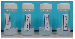 Digital images of CNCs and oxidized-CNCs (CNC0.3, CNC0.6, and CNC0.9)