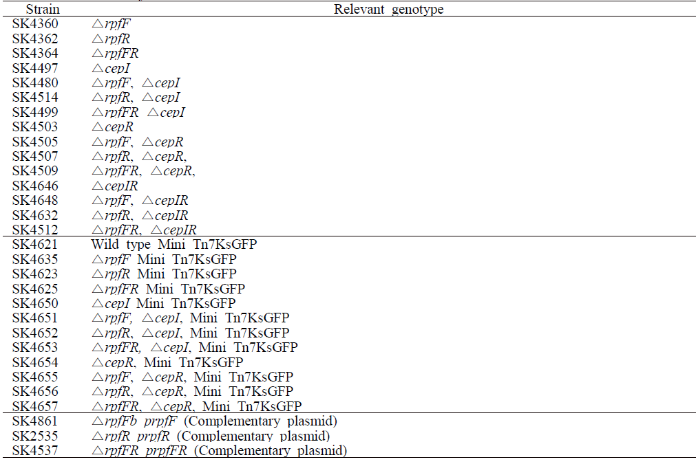 Construction of deletion mutant, gfp fusion and complementary plasmid in B. contaminans SK875 for this study