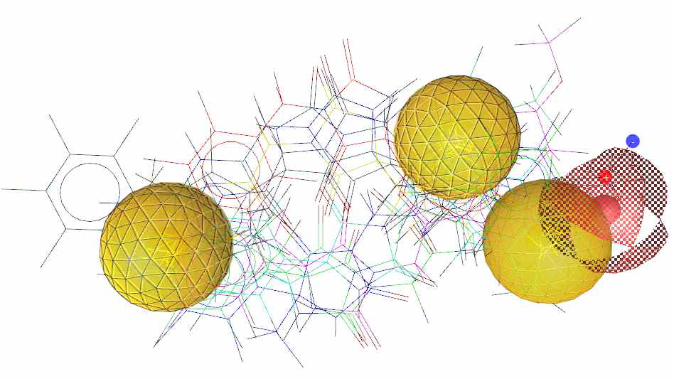 Pharmacophore models with aligned screen ligands. The yellow and red circles represents hydrophobic and hydrogen bond acceptor features