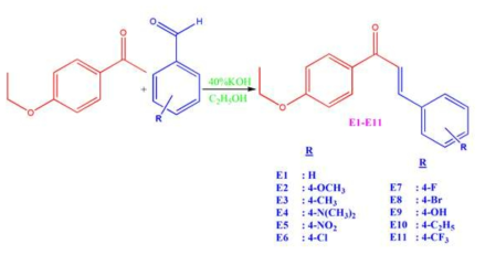 합성 화합물 Ethyl 치환 chalcon 11종의 구조식