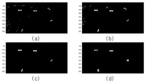 이동표적(차량) 검출결과 (a) 프레임 차이 및 임계값, (b) 형태학적 필터링, (c) 오류 ROI제거, (d) 분할 영역