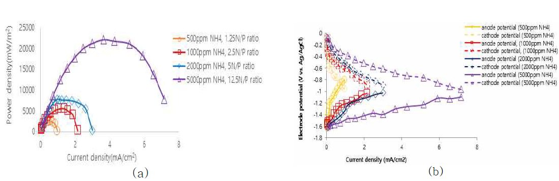 (a) power density; (b) electrode potential [0.01 M NaCl, 0.01 M KH2PO4, 0.027–0.277 M NH4Cl (500–5000 mg/L NH4) as electrolyte, with 5 Ω external resistance]