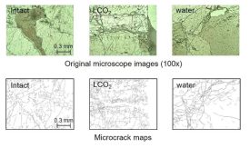 화강암의 실험에서 온전한 시편과 파쇄된 시편(CO2와 water)의 현미경 이미지와 미세균열 맵