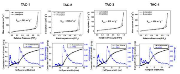 TAC-n: 1 = TMA, 2 = DMA, 3 = MA, 4 = A의 BET 표면적 분석