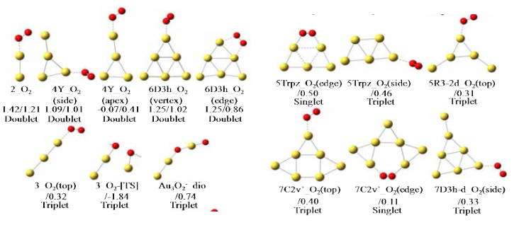 O2 와 결합된 금속 clusters 들의 구조