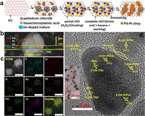 Pt-Pd@TDI/rGO 전극 촉매의 합성 및 물리적 특성. a, 합성 절차. b, STEM 이미지 및 b의 황색선으로 표시된 방향을 따른 단면 구성 선 스캐닝 프로파일을 포함. c, C, O, N, Sn, Pt, Pd, In 및 오버레이 이미지의 STEM-EDS 요소 맵핑. d, 명 시야 TEM (삽입) 및 HRTEM 이미지
