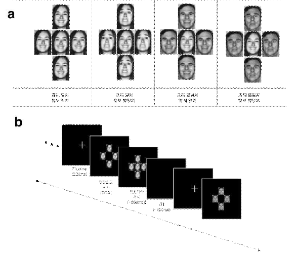 실험의 조건과 순서. a) 실험 자극의 예. 맥락자극과 목표자극의 성별과 정서가 독립적으로 조작되고, 피험자는 목표자극의 성별판단과제를 수행. 성별의 일치여부에 따라, 과제일치/불일치 조건을 만들고, 정서(공포/행복)의 일치여부에 따라 정서 일치/불일치 조건을 만듦. b) 실험 순서. 맥락자극이 먼저 제시되고, SOA(0, 100, 300ms) 이후 목표자극이 제시됨. 피험자 반응 후, 응시점과 함께 다음 시행 시작됨