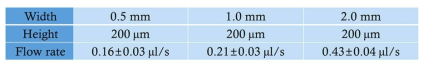 미세도관의 너비가 다른 스트립의 flow rate 비교 실험 결과