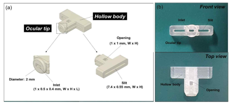 안전한 눈물 포집을 위한 lid의 (a) CAD image, (b) optical image