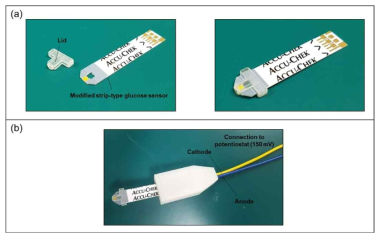 당뇨 진단 센서 (a) Lid와 변형된 스트립 센서 결합 모식도, (b) 당뇨 진단 센서와 potentiostat의 연결 모식도