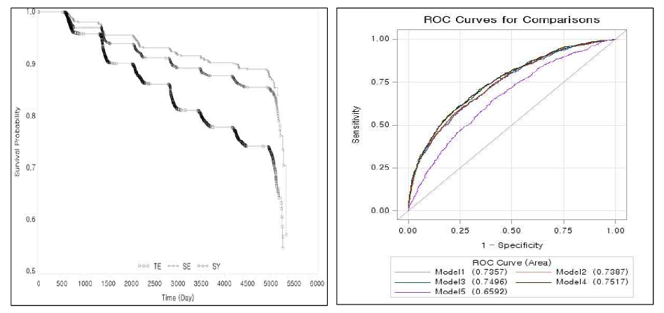 체질별 생존곡선 (좌측)과 모델별 ROC Curve와 ROC값(우측)