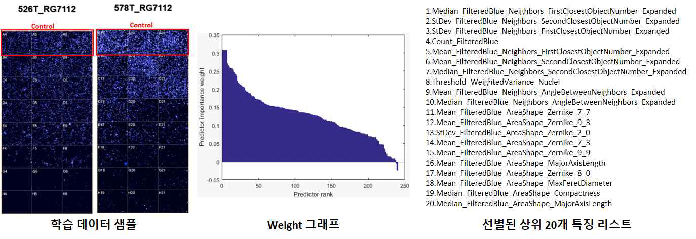 RelifF 알고리즘 적용시 학습 데이터 샘플 및 선별 결과 weight 그래프
