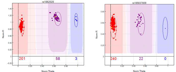SCLC-VHS-001 샘플에 대한 SNP(왼쪽: rs1862028, 오른쪽: rs185837809)