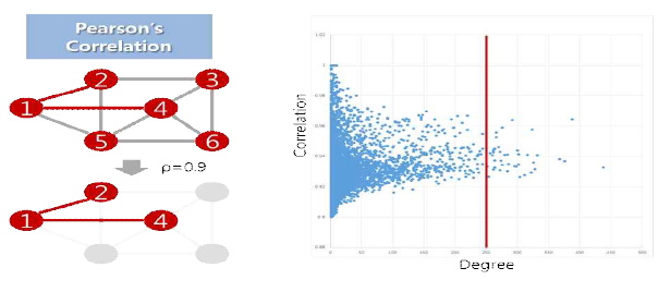 Correlation-degree graph. red line: 인접한 유전자 수가 250일 때를 나타냄