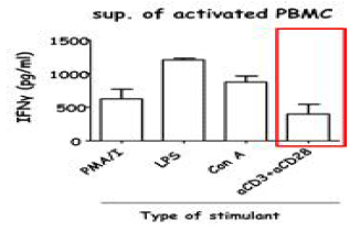 여러가지 PBMC stimulator를 이용하여 PBMC를 자극 후 상층액에서 hIFNγ를 측정하였음